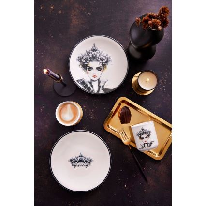 4-teiliges Speiseservice, schwarz/weiß, Porzellan