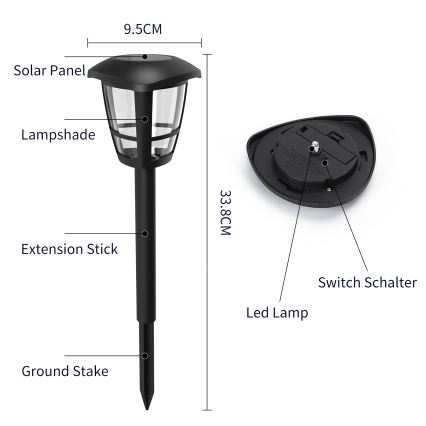 Aigostar - 12er-Set LED-Solarleuchte LED/0,06W/2V 33,8 cm 6500K 100 mAh IP44 schwarz