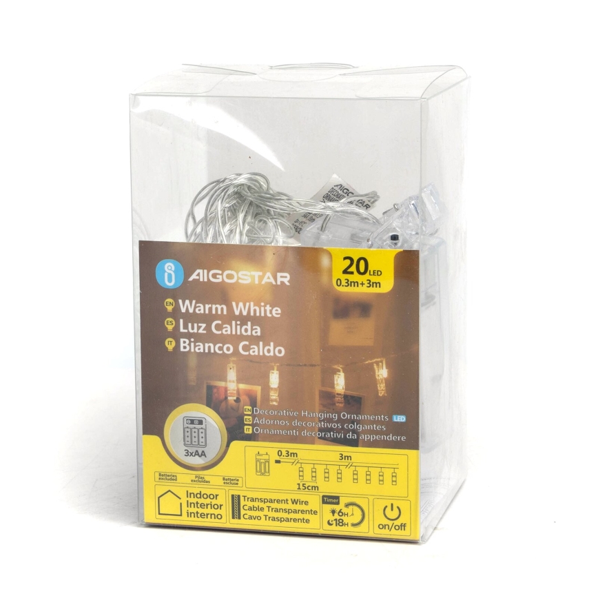 Aigostar - Dekorative LED-Kette mit Klammern 20xLED/3xAA 3,3m warmweiβ