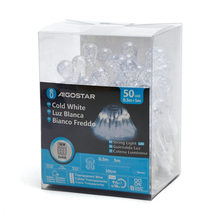 Aigostar - Dekorative LED-Outdoor-Lichterkette 50xLED/8 Funktionen/3xAA 5,3m IP44 kaltweiß