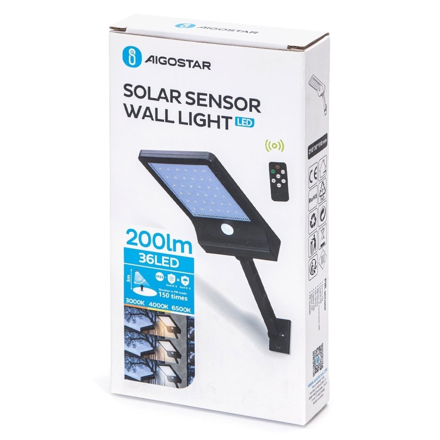 Aigostar - Dimmbare LED-Solarleuchte mit Sensor LED/2,3W/5,5V IP65 1800 mAh + Fernbedienung