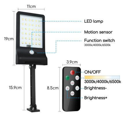 Aigostar - Dimmbare LED-Solarleuchte mit Sensor LED/2,3W/5,5V IP65 1800 mAh + Fernbedienung