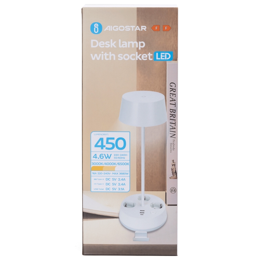 Aigostar - Dimmbare LED Tischlampe mit Steckdosen und USB LED/4,6W/230V 3000/4000/6500K weiß
