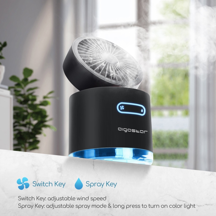 Aigostar - RGB Kabelloser Mini-Tischventilator mit Nebeleffekt MIST 10W/5V 2000mAh schwarz