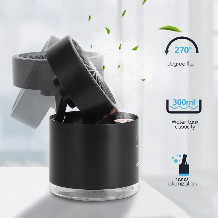 Aigostar - RGB Kabelloser Mini-Tischventilator mit Nebeleffekt MIST 10W/5V 2000mAh schwarz