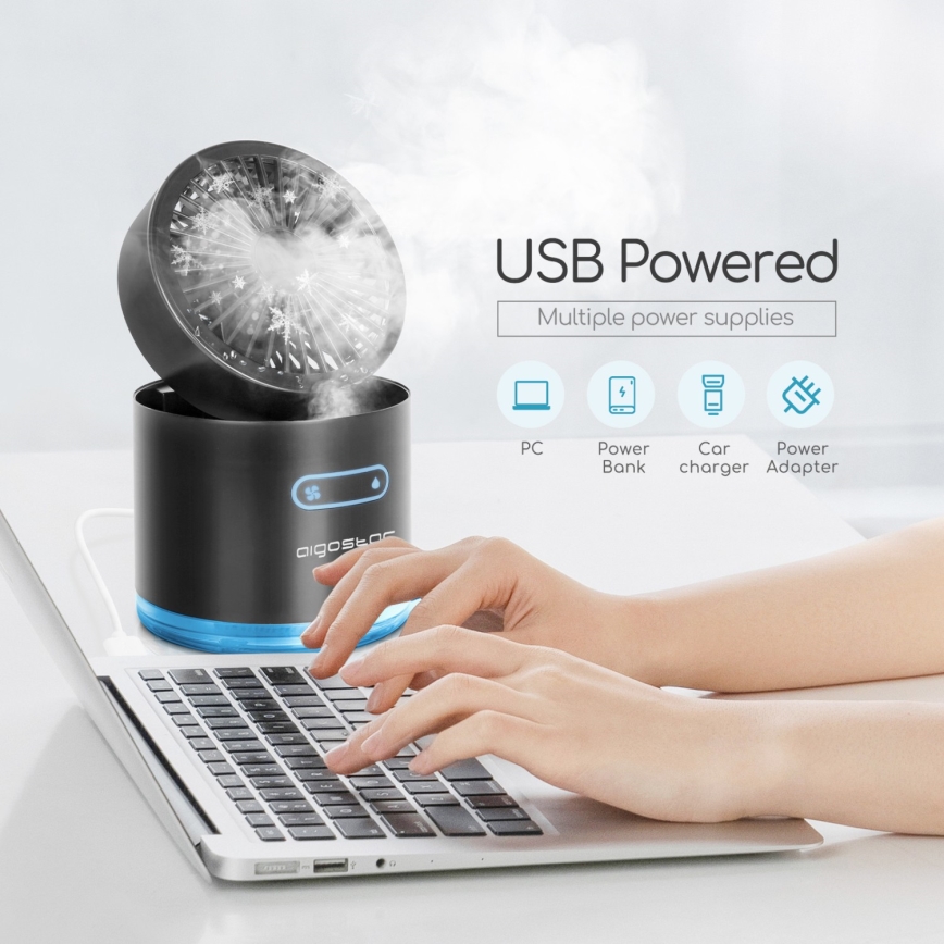 Aigostar - RGB Kabelloser Mini-Tischventilator mit Nebeleffekt MIST 10W/5V 2000mAh schwarz