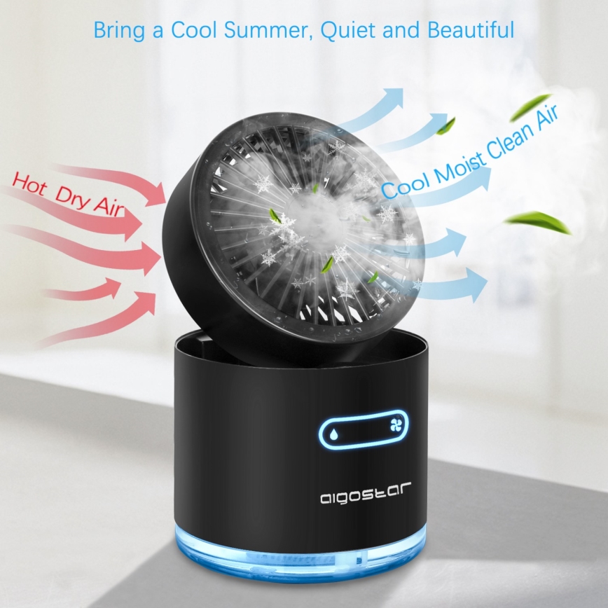 Aigostar - RGB Kabelloser Mini-Tischventilator mit Nebeleffekt MIST 10W/5V 2000mAh schwarz