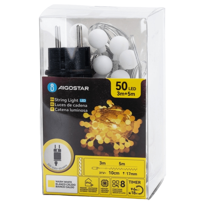 Aigostar - LED-Außen-Dekor-Lichterkette, 50 LEDs, 8 Funktionen, 5 m, IP44, warmweiß