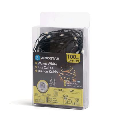 Aigostar - LED Außen-Weihnachtslichterkette 100xLED/8 Funktionen 3xAA 10,3m IP44 warmweiß