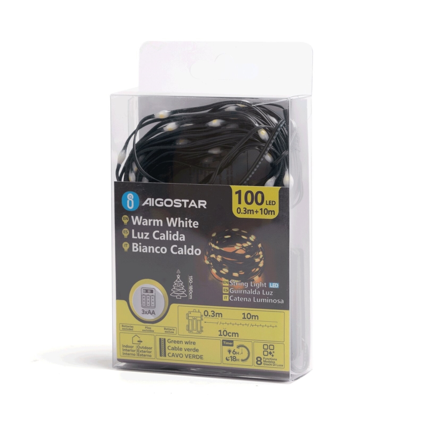 Aigostar - LED Außen-Weihnachtslichterkette 100xLED/8 Funktionen 3xAA 10,3m IP44 warmweiß