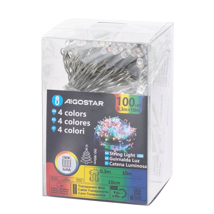 Aigostar - LED Außen-Weihnachtslichterkette 100xLED/8 Funktionen 3xAA 10,3m IP44 mehrfarbig