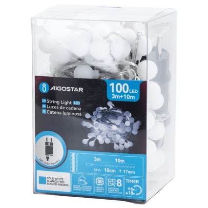 Aigostar - LED-Deko-Lichterkette für den Außenbereich, 100 LEDs / 8 Funktionen, 10 m, IP44, kaltweiß