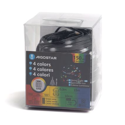 Aigostar - LED Außen-Weihnachtslichterkette 150xLED/8 Funktionen 3xAA 15,3m IP44 mehrfarbig