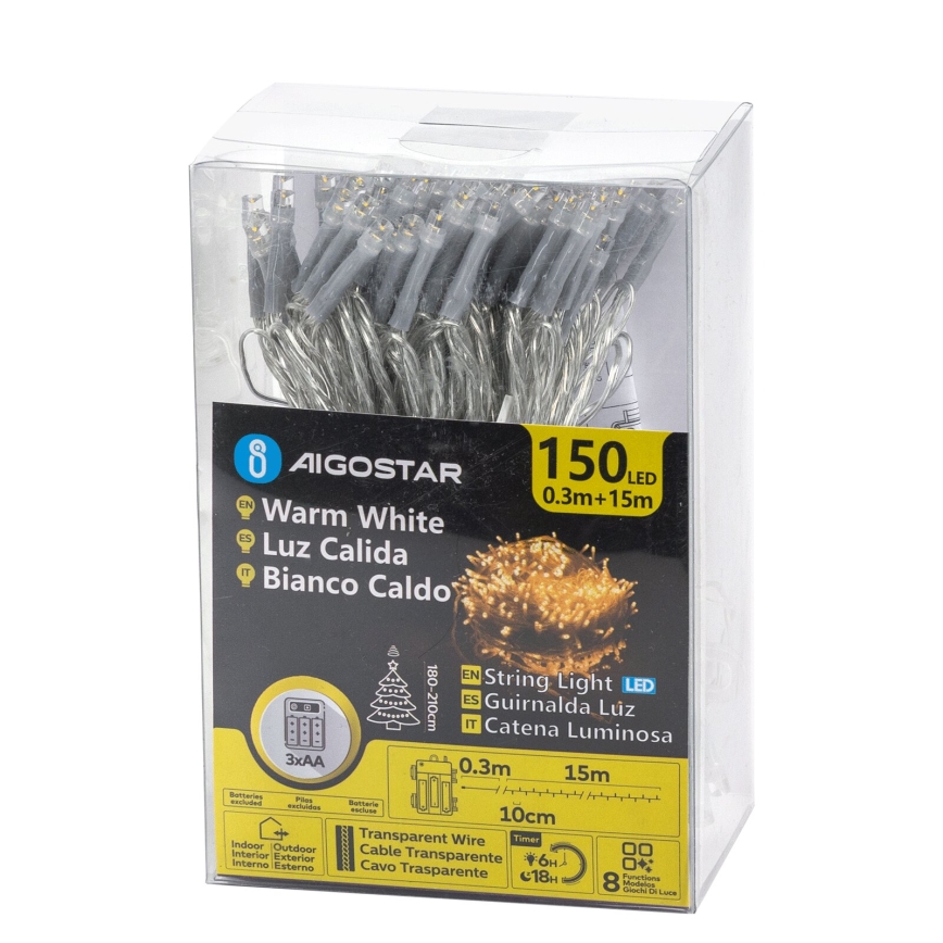 Aigostar - LED Außen-Weihnachtslichterkette 150xLED/8 Funktionen 3xAA 15,3m IP44 warmweiß