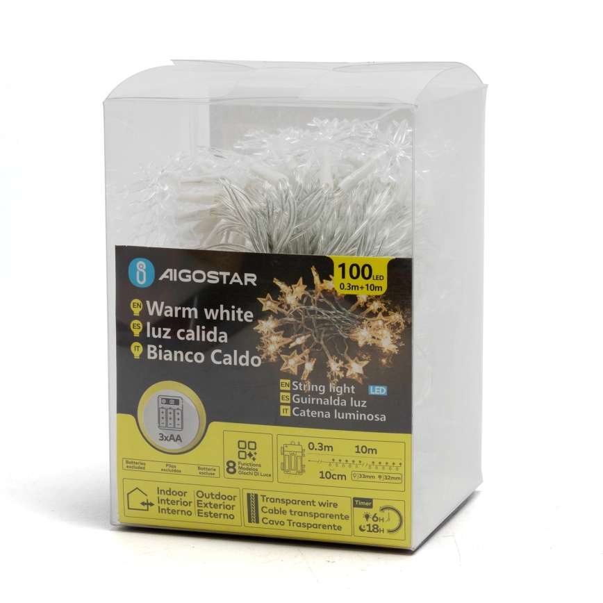 Aigostar - LED-Außen-Weihnachtslichterkette 100xLED/8 Funktionen 3xAA 10m IP44 warmweiß Sterne