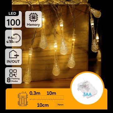 Aigostar - LED-Außen-Weihnachts-Lichterkette, 100 LEDs / 8 Funktionen, 3×AA, 10 m, IP44, warmweiß, tropfenförmige LEDs