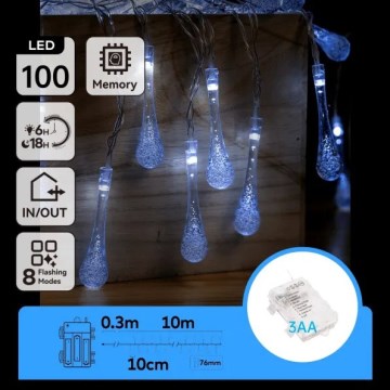 Aigostar - LED-Außen-Weihnachts-Lichterkette, 100 LEDs, 8 Funktionen, 3×AA-Batterien, 10 m, IP44, kaltweiß, tropfenförmige LEDs