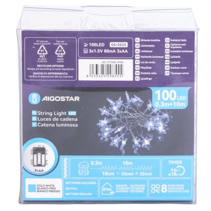 Aigostar - LED-Außen-Weihnachtslichterkette 100 LEDs / 8 Funktionen 3× AA 10 m IP44 kaltweiß
