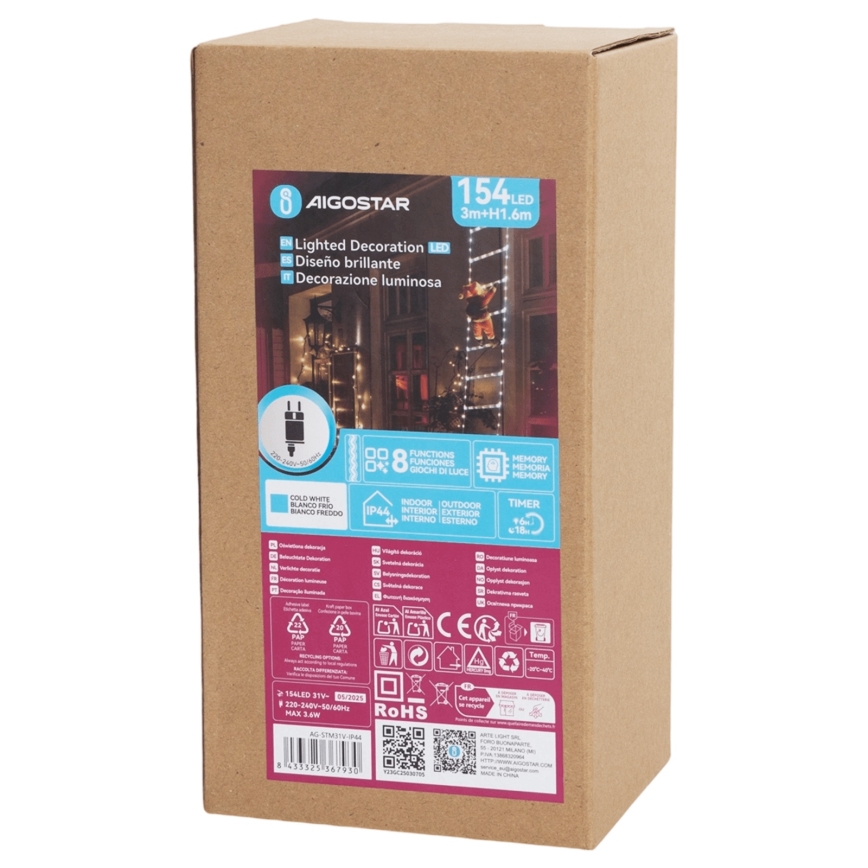 Aigostar - LED-Außen-Weihnachtsdekoration 154 LEDs / 8 Funktionen, 1,6 m, IP44, kaltweiß