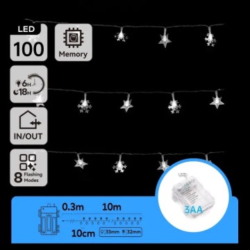 Aigostar - LED-Außen-Weihnachtslichterkette 100 LEDs / 8 Funktionen 3× AA 10 m IP44 kaltweiß