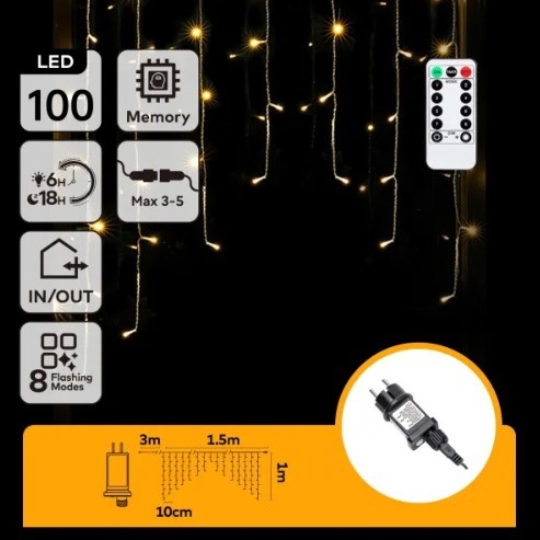 Aigostar - LED-Außen-Weihnachtslichterkette 100xLED/6W/230V/8 Funktionen 1,5x1m IP44 warmweiß + Fernbedienung
