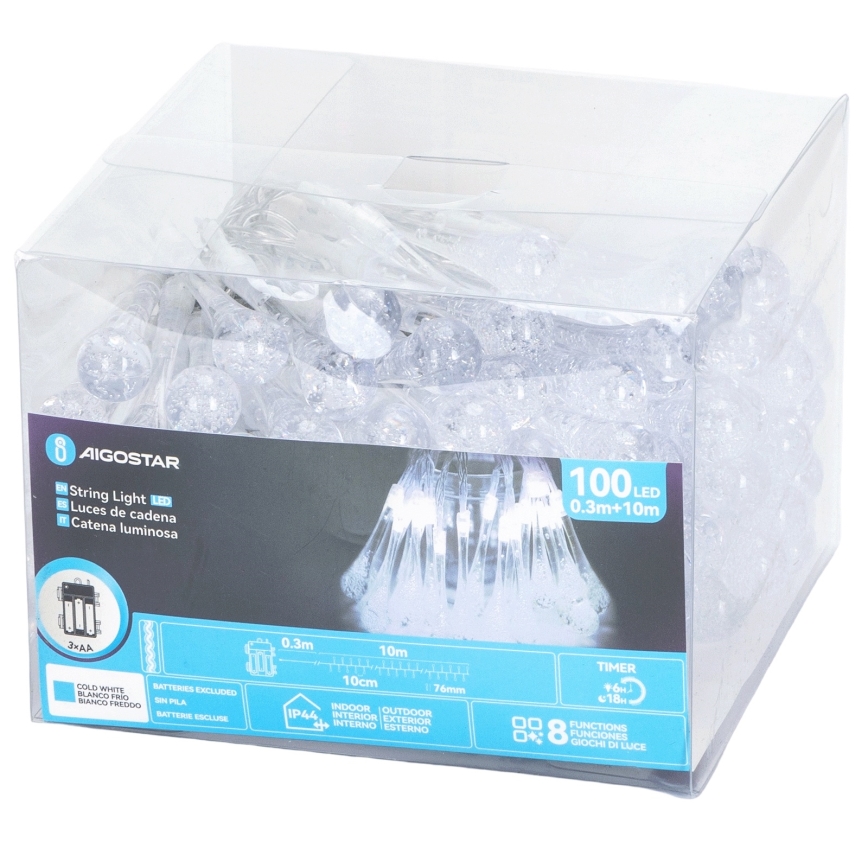 Aigostar - LED-Außen-Weihnachts-Lichterkette, 100 LEDs, 8 Funktionen, 3×AA-Batterien, 10 m, IP44, kaltweiß, tropfenförmige LEDs