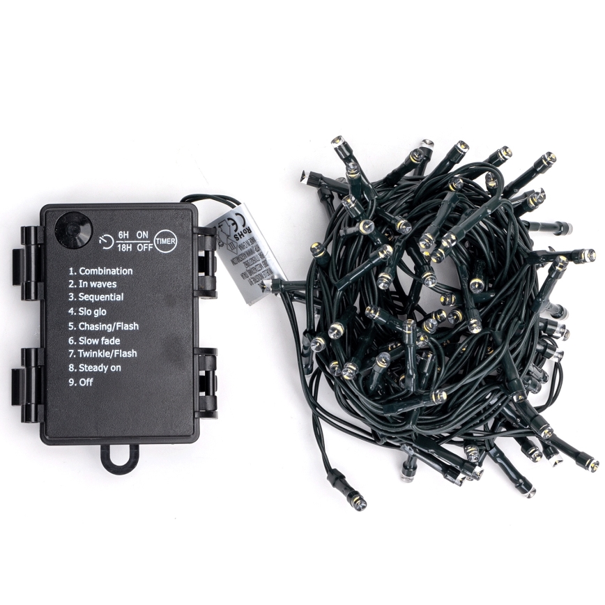 Aigostar - LED-Außen-Weihnachtslichterkette 100xLED/8 Funktionen 3xAA 5,3 m IP44 warmweiß