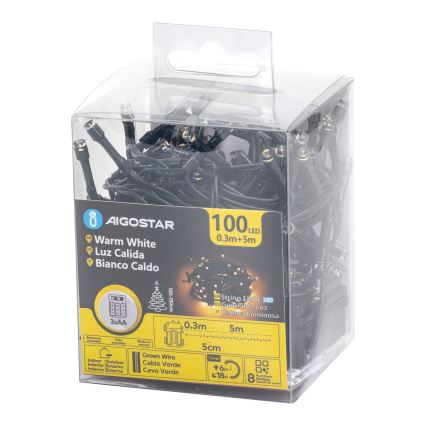 Aigostar - LED-Außen-Weihnachtslichterkette 100xLED/8 Funktionen 3xAA 5,3 m IP44 warmweiß