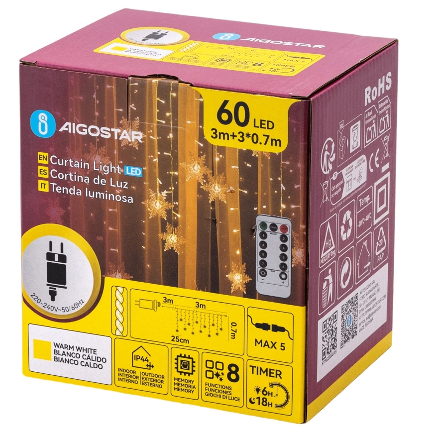 Aigostar - LED-Außen-Weihnachtslichterkette, 120 LEDs / 8 Funktionen, 3 x 0,7 m, IP44, warmweiß, mit Fernbedienung