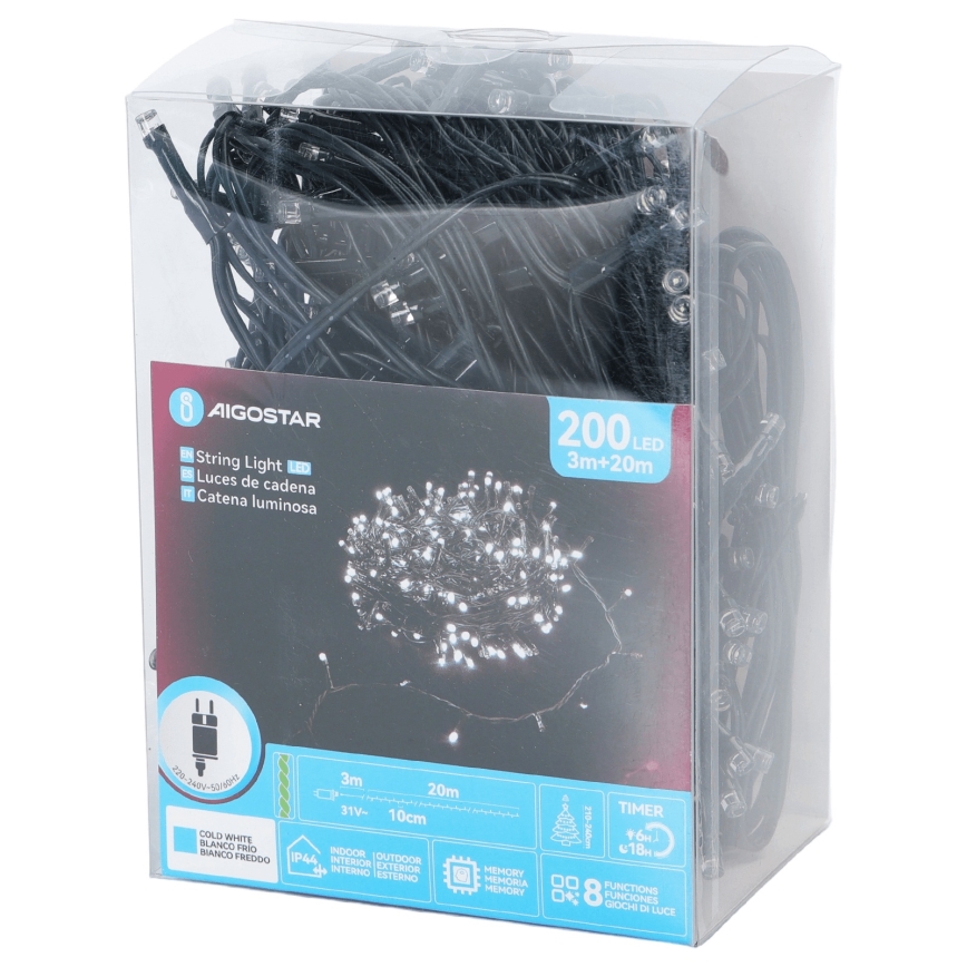 Aigostar - LED-Außen-Weihnachtslichterkette 200 LEDs/8 Funktionen 20 m IP44 kaltweiß