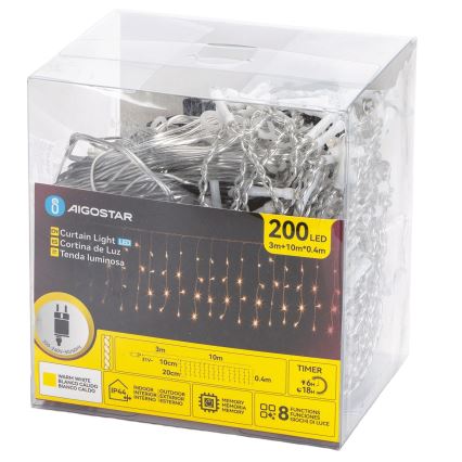 Aigostar - LED-Außen-Weihnachtslichterkette 200xLED/8 Funktionen 10x0,4m IP44 warmweiß