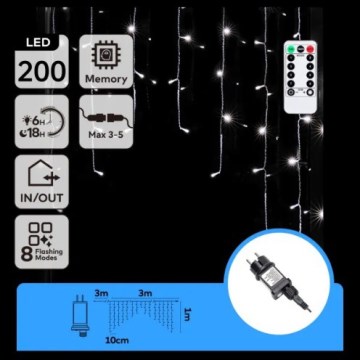 Aigostar - LED Außen-Weihnachtslichterkette 200xLED/6W/230V/8 Funktionen 3x1m IP44 kaltweiß + Fernbedienung