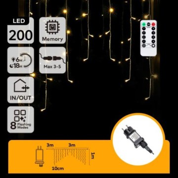 Aigostar - LED-Außen-Weihnachtslichterkette 200xLED/6W/230V/8 Funktionen 3x1m IP44 warmweiß + Fernbedienung
