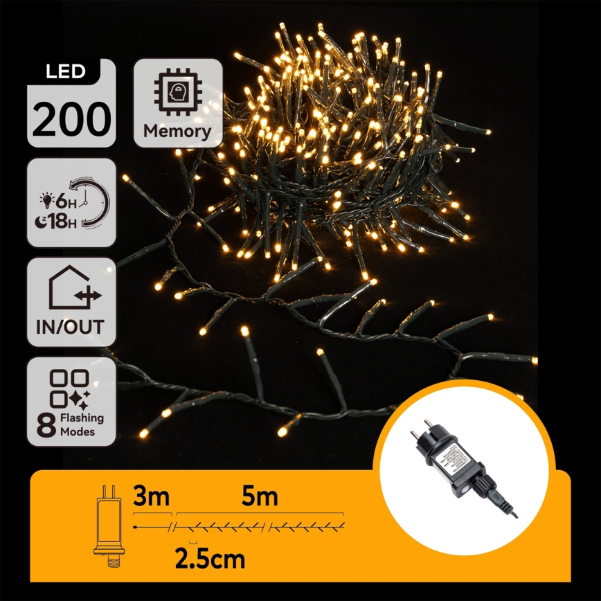 Aigostar - LED-Außen-Weihnachtslichterkette 200xLED/8 Funktionen 8m IP44 warmweiß