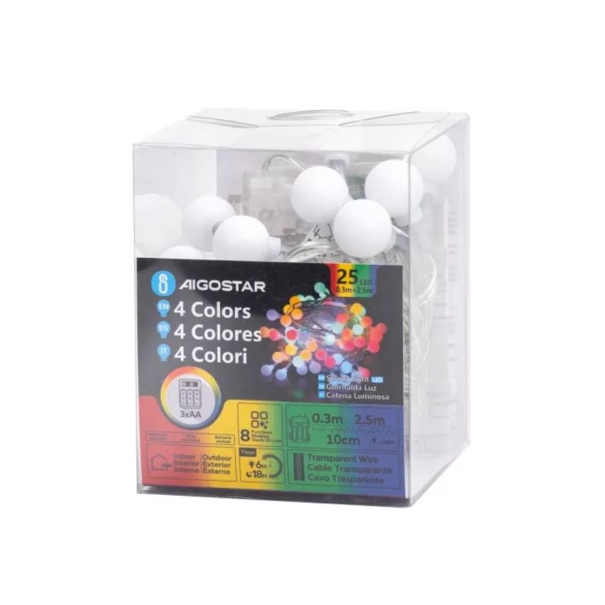 Aigostar - LED-Außen-Weihnachtslichterkette 25xLED/3xAA/8 Funktionen 2,8 m IP44 mehrfarbig