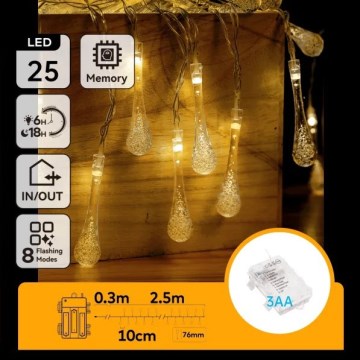 Aigostar - LED Außen-Weihnachtslichterkette 25xLED/8 Funktionen 3xAA 2,5 m IP44 warmweiß Tropfen