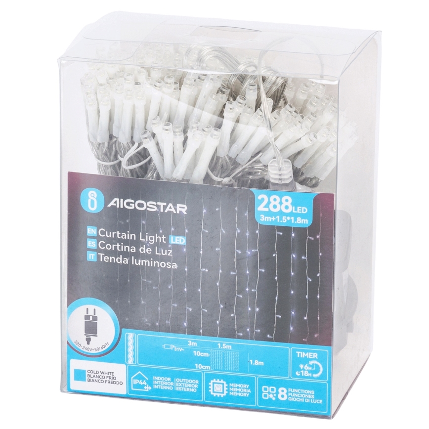 Aigostar - LED Außen-Weihnachtslichterkette 288xLED/8 Funktionen 1,5x1,8m IP44 kaltweiß