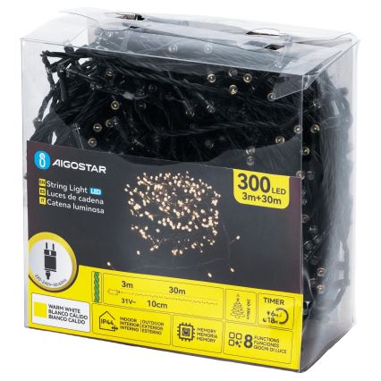 Aigostar - LED-Außen-Weihnachtslichterkette 300 LEDs/8 Funktionen, 30 m, IP44, warmweiß