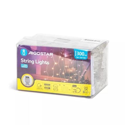 Aigostar - LED-Außen-Weihnachtslichterkette 300 LEDs/8 Funktionen 3xAA 6x3m IP44 warmweiß