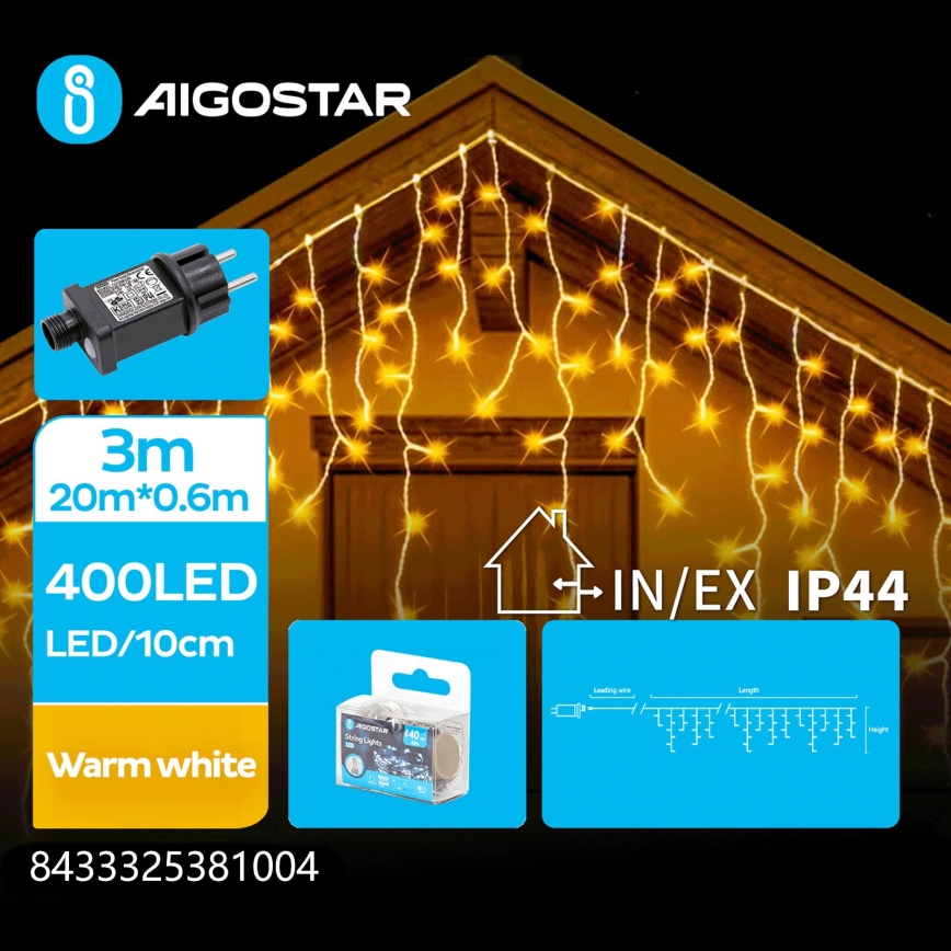 Aigostar - LED-Außen-Weihnachtslichterkette, 400 LEDs, 8 Funktionen, 23×0,6 m, IP44, warmweiß
