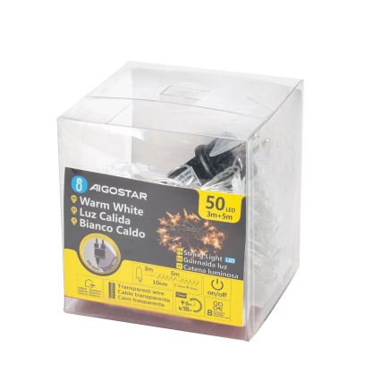 Aigostar - LED-Außen-Weihnachtslichterkette, 50 LEDs, 8 Funktionen, 8 m, IP44, warmweiß