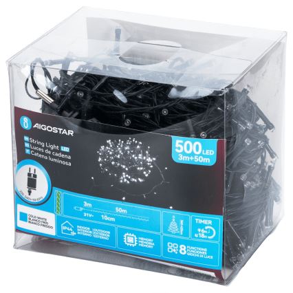 Aigostar - LED-Außen-Weihnachtslichterkette 500xLED/8 Funktionen 50m IP44 kaltweiß