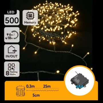Aigostar - LED-Außen-Weihnachtslichterkette 500xLED/8 Funktionen 4xAA 25,3 m IP44 warmweiß