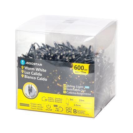 Aigostar - LED-Außen-Weihnachtslichterkette, 600 LEDs / 8 Funktionen, 18 m, IP44, warmweiß