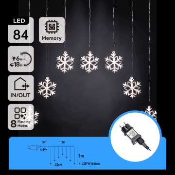 Aigostar - LED-Außen-Weihnachtslichterkette 84xLED/8 Funktionen 1,2x1m IP44 kaltweiß Schneeflocken
