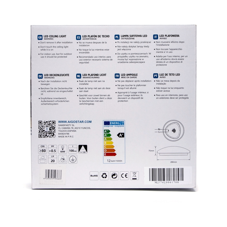 Aigostar - LED-Deckenleuchte LED/12W/230V 3000K Ø 28 cm