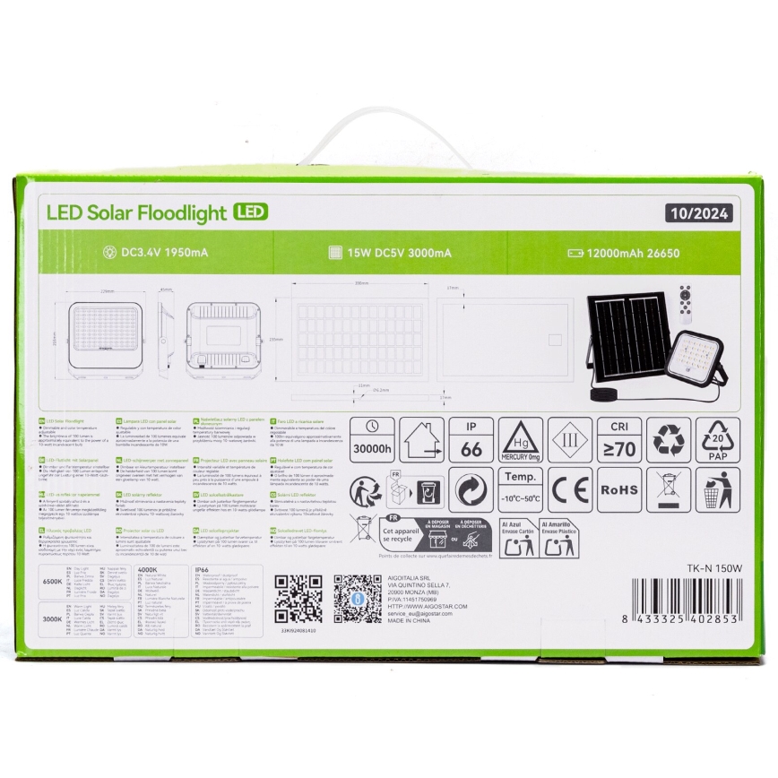 Aigostar - LED Dimmbarer Solarstrahler LED/150W/3,4V 3000/4000/6500K IP66 12000 mAh + Fernbedienung