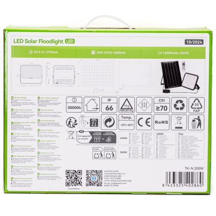 Aigostar - LED Dimmbarer Solarstrahler LED/200W/3,4V 3000/4000/6500K IP66 16000 mAh + Fernbedienung