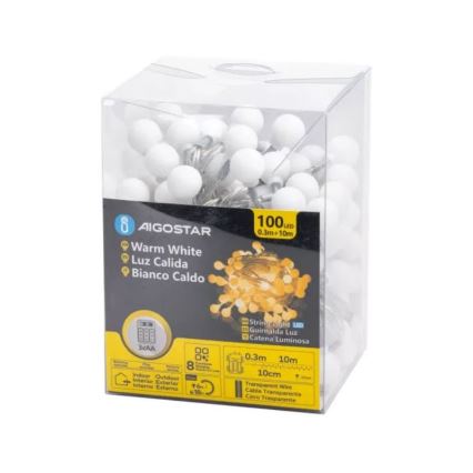 Aigostar - LED Außen-Weihnachtslichterkette 100xLED/3xAA/8 Funktionen 10,3 m IP44 warmweiß