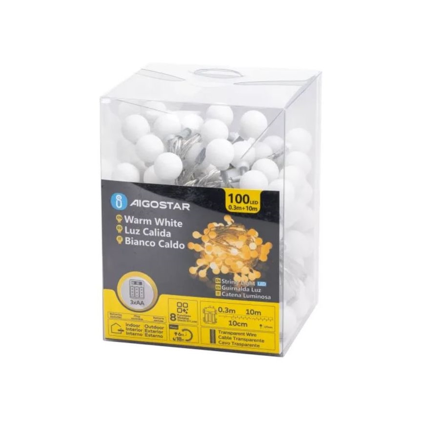 Aigostar - LED Außen-Weihnachtslichterkette 100xLED/3xAA/8 Funktionen 10,3 m IP44 warmweiß